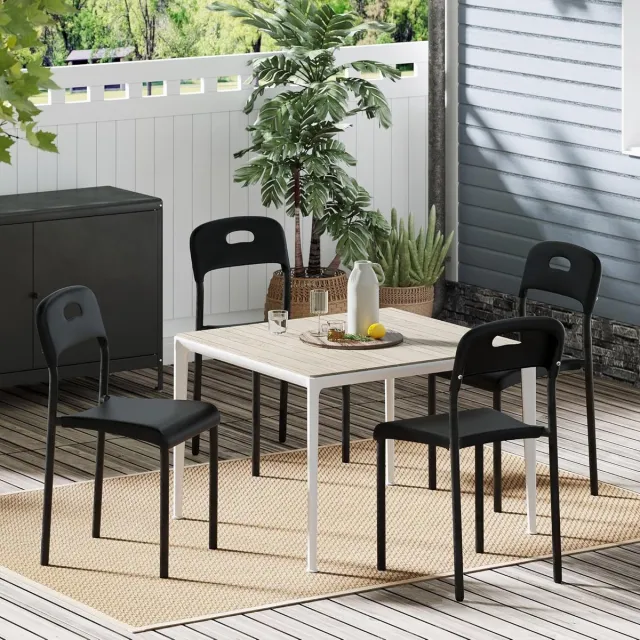 HOERFURIY Set van 4 Moderne Eetkamerstoelen - Stapelbaar - Kunststof met Metalen Poten - Voor Binnen & Buiten - Design Keukenstoel - Zwart
