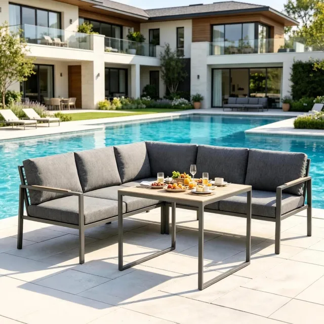 MODENUIT Loungeset – Hoekopstelling Voor 5 Personen – 183 x 183 cm – Metaal – Donkergrijs – Met Tafel En Kussens