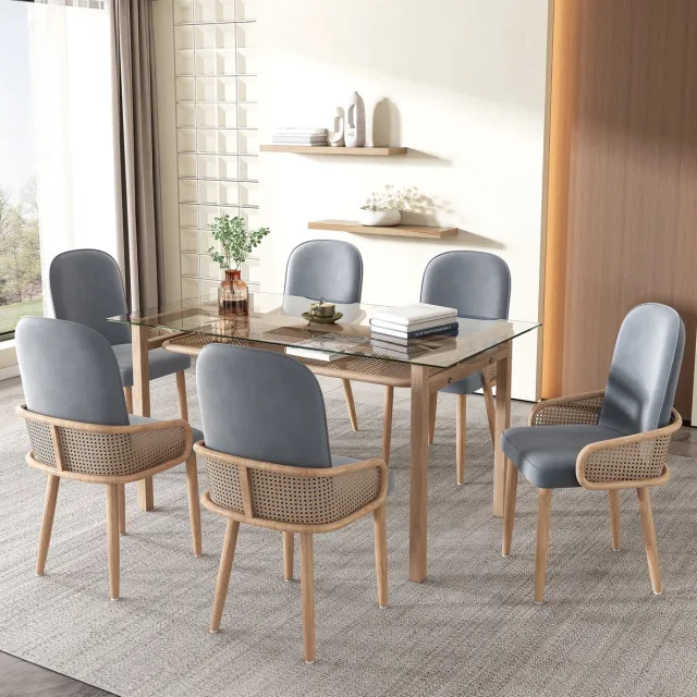OKWISH Eetkamerstoel Set Van 6 - Velvet Met Rattan Design En Armleuningen - Velvet - Grijs
