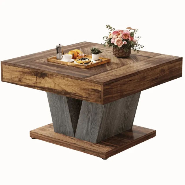 Homezo salontafel - Bijzettafel - Vierkant - 80x80x51 - Rustiek bruine houtlook met v-vormige moderne poot - Verstelbare voetjes Rustiek bruin, zwart