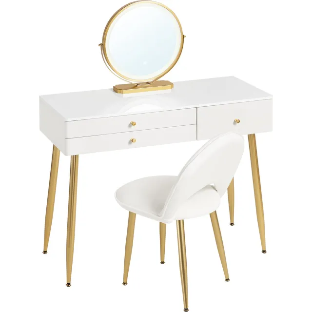 BukkitBow Kaptafel / Make-up Tafel met LED Verlichting – Tafel met 3 Grote laden - Cosmetische Tafel voor Slaapkamer - Met Ronde LED Spiegel – Inclusief Stoel / Kruk - 100X80X40CM - Wit