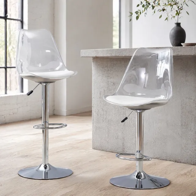 COVREO Barkruk set van 2 45,7 x 53,3 x 99-120 cm - transparant, kunstleer, 360 graden draaibaar Zilver