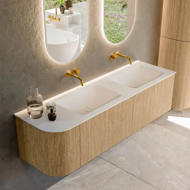 Mondiaz KURVE 155 cm Onderkast Greeploos 2 Lades Met Deuren Oak, Wastafel Solid Surface Rechts Talc 0 Kraangaten Zonder Spiegel (KRVCLO155L2L1D0KD-Oak/Tal)