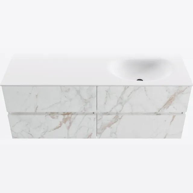 Mondiaz VICA 130cm badmeubel onderkast Carrara 4 lades. Wastafel MOON rechts zonder kraangat, kleur Talc. Cararra