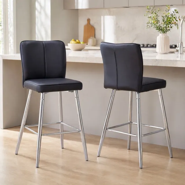 DESMIU Barkruk 101 Cm - Set Van 2 Met Ergonomische Rugleuning En Voetsteun - Voor Bar En Hoge Tafel - Kunstleer En Metaal - Zwart Zilver