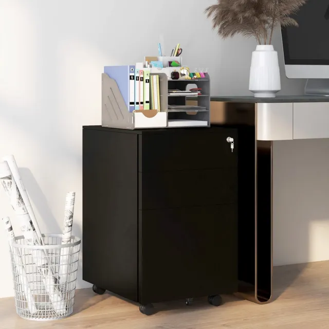 WUVRIE Afsluitbare archiefkast 37x43,5x60 cm - 3 lades, wielen en remmen - Zwart