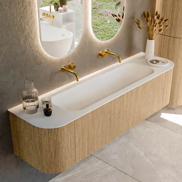Mondiaz KURVE 170 cm Onderkast Greeploos 1 Lade Met Deuren Oak, Wastafel Solid Surface Midden Talc 0 Kraangaten Zonder Spiegel (KRVBGL170L+R1L2D0KM-Oak/Tal)