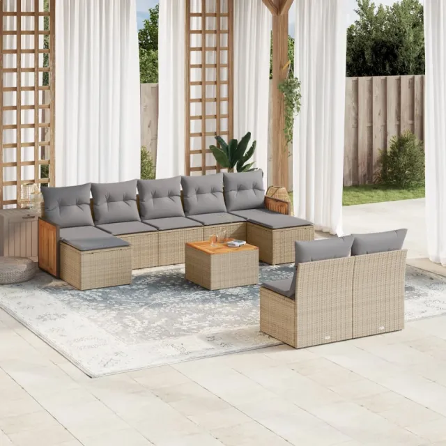 vidaXL 10-delige Loungeset met kussens poly rattan beige, foto 2