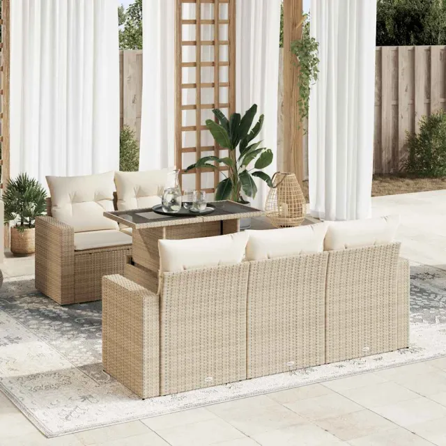 vidaXL 6-delige Loungeset met kussens poly rattan beige, foto 2