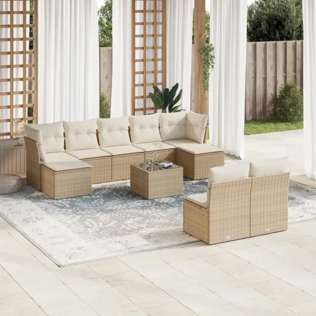 vidaXL 10-delige Loungeset met kussens poly rattan beige, foto 2