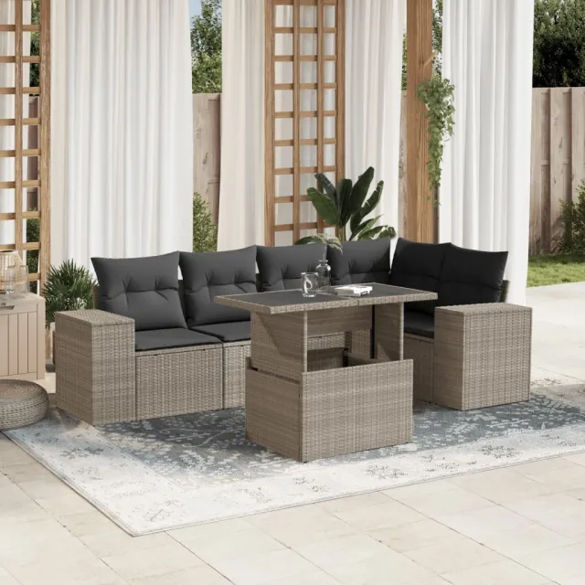 vidaXL 6-delige Loungeset met kussens poly rattan lichtgrijs grijs, foto 2