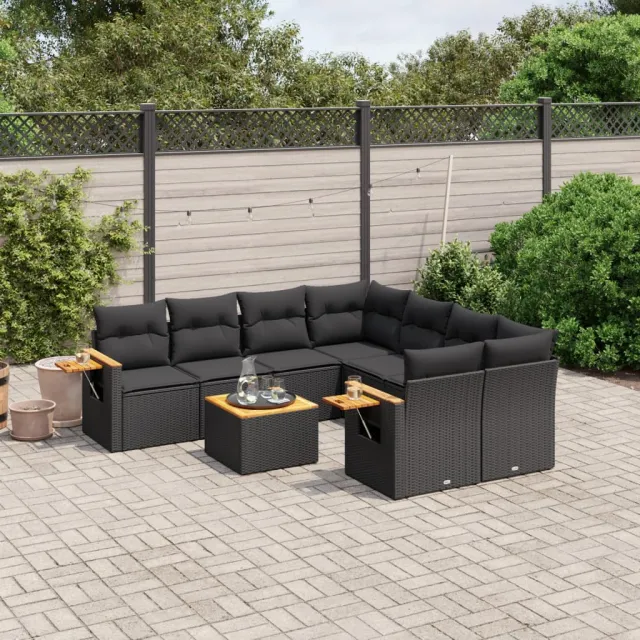 vidaXL 9-delige Loungeset met kussens poly rattan zwart, foto 2