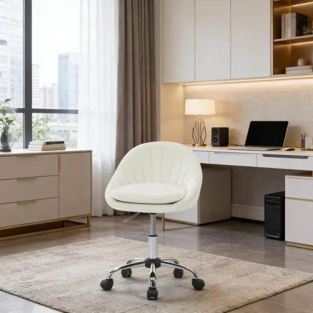 MEUNIQ Bureaustoel zonder armleuningen, verstelbare zithoogte 46–56 cm, 360° draaibaar met wielen, fluweel en metalen voet, beige