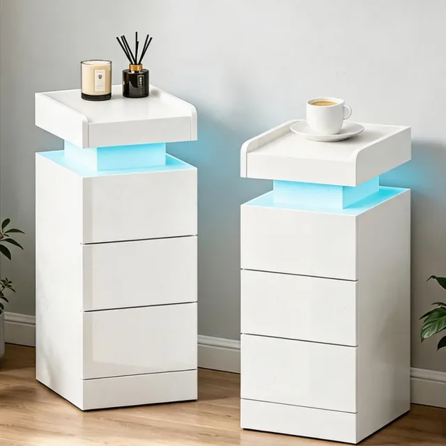 HOERFURIY Witte nachtkastjes set van 2 stuks, 25×30×60 cm, met LED-verlichting en 3 lades