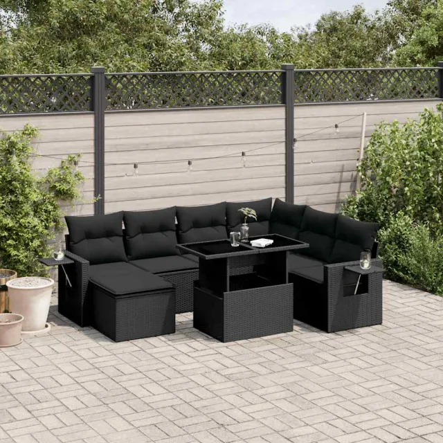 vidaXL 9-delige Loungeset met kussens poly rattan zwart, foto 2