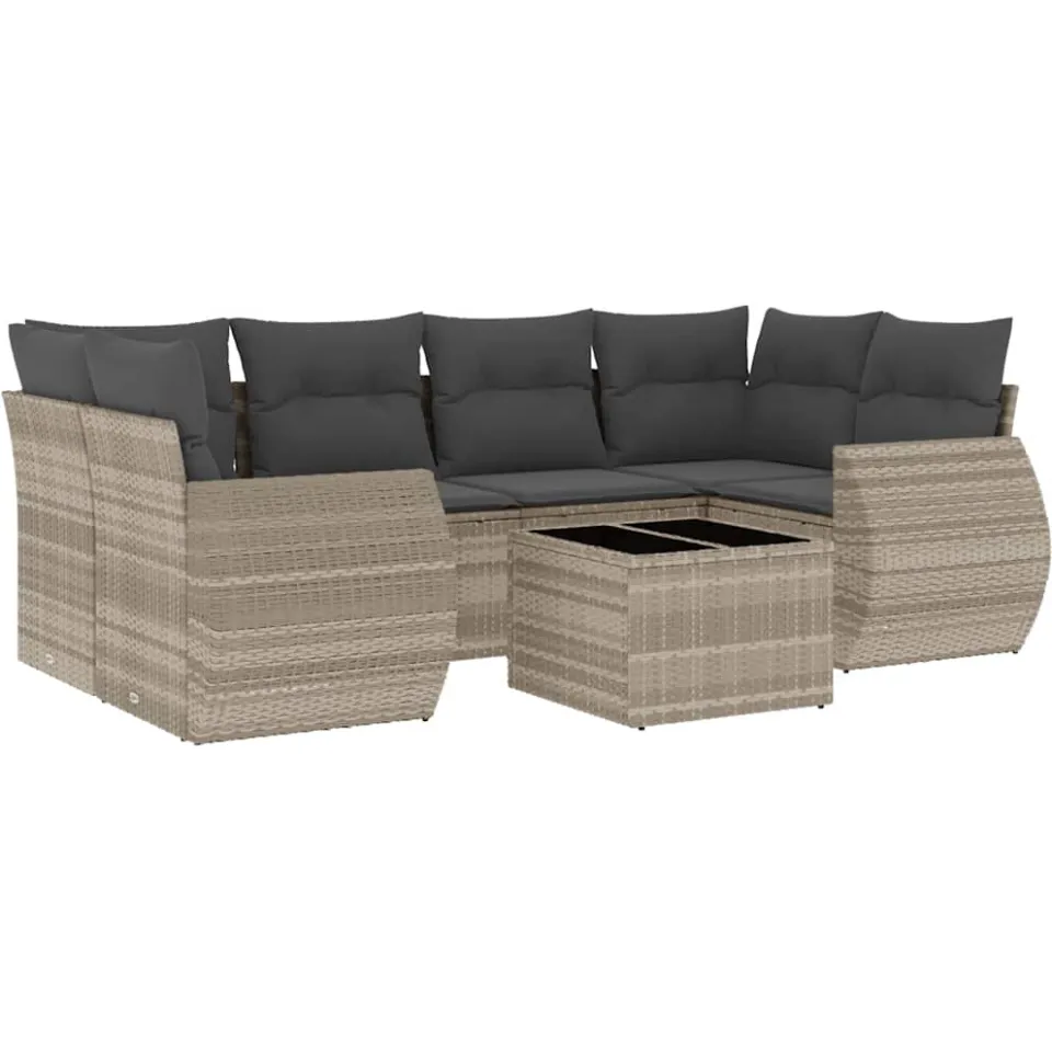 vidaXL 7-delige Loungeset met kussens poly rattan lichtgrijs grijs, foto 3