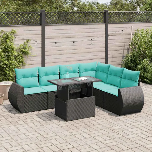 vidaXL 7-delige Loungeset met kussens poly rattan acacia zwart, foto 2
