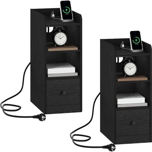 Homezo nachtkastje - Set van 2 zwarte nachtkastjes met geïntegreerd oplaadstation - USB- en Type-C-aansluiting - 3 Opbergniveaus