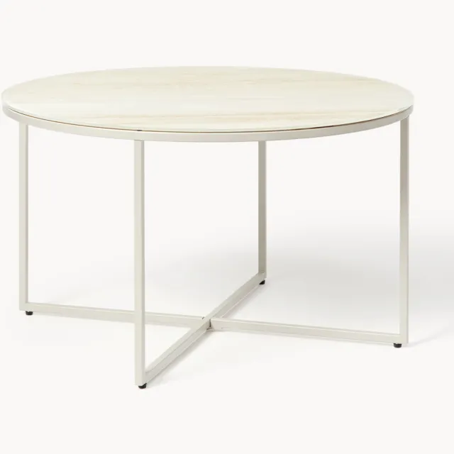 Westwing Collection Ronde salontafel Antigua met glazen tafelblad met travertijn look Beige