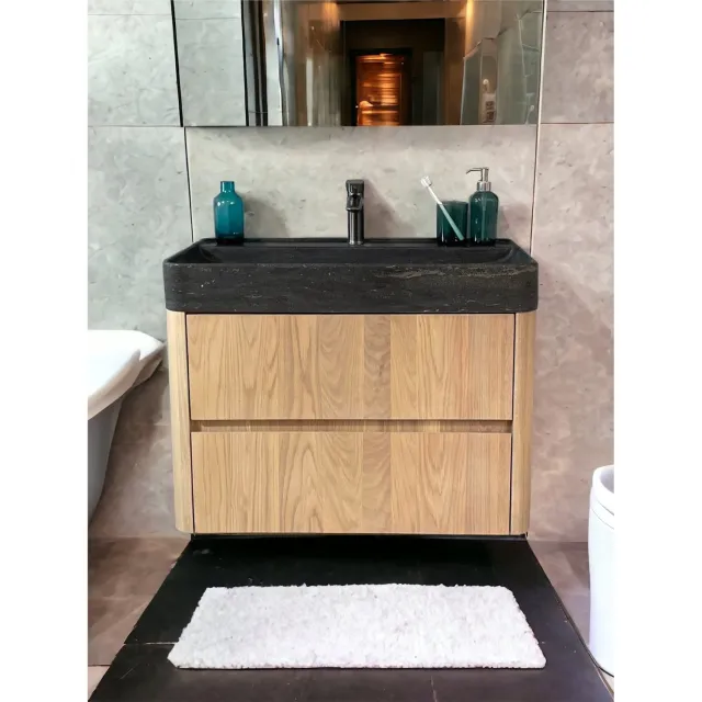 Casajoy Badmeubel Casajoy Bold Onderkast 80 cm 2 Lades Eiken Met Natuurstenen Wastafel Bruin