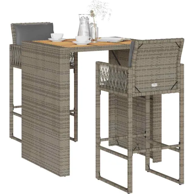 vidaXL 3-delige Tuinbarset met kussens poly rattan acacia grijs, foto 2