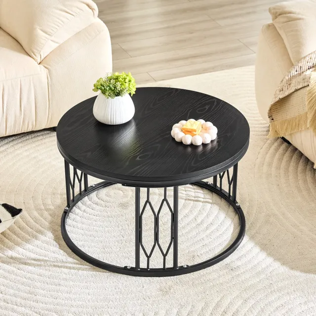 MODENUIT Salontafel - Ronde Tafel Met Houtlook - Voor Woonkamer En Zitkamer - MDF En Metaal - Zwart - 70 Cm