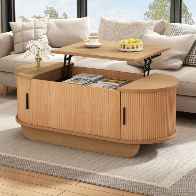 CHICFURN Salontafel 100 cm - Hoogteverstelbaar - Met roldeuren - Houtkleur