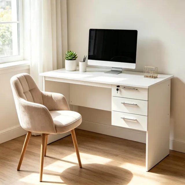 MEUNIQ Computerbureau 120 x 60 x 75 cm met 3 lades, afsluitbare bovenlade en 35 kg draagvermogen voor werkkamer, wit