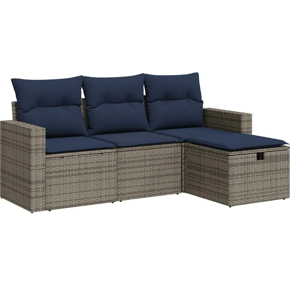 vidaXL 4-delige Loungeset met kussens poly rattan grijs, foto 3