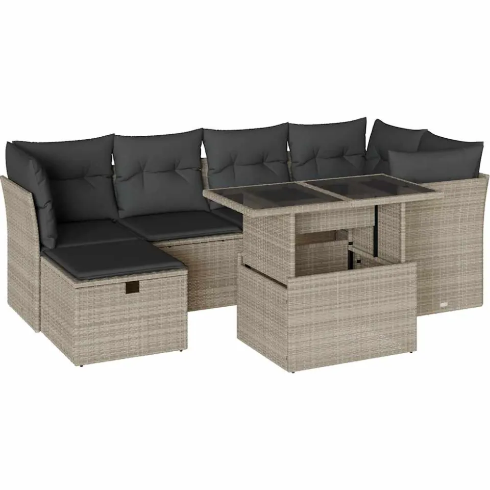 vidaXL 7-delige Loungeset met kussens poly rattan lichtgrijs grijs, foto 3