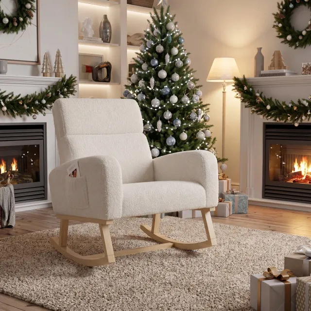 ROSAHQNDA Schommelstoel - Relaxstoel met hoge rugleuning en armleuningen - 69,2x78,5x87 cm - Fauteuil - Voedingsstoel - Relaxstoel voor Lezen en Ontspannen - Teddy - Beige