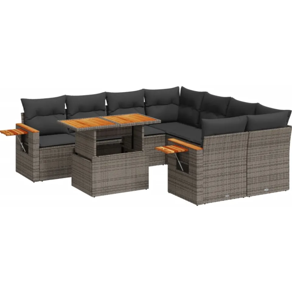 vidaXL 9-delige Loungeset met kussens poly rattan grijs