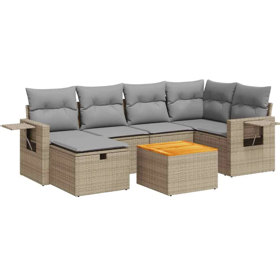 vidaXL 7-delige Loungeset met kussens poly rattan beige, foto 3