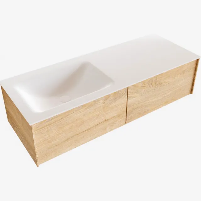 Boss & Wessing Badkamermeubel BWS Madrid Washed Oak 120x45x30 cm Mat Witte Solid Surface Wastafel Links (2 lades, 0 kraangaten)