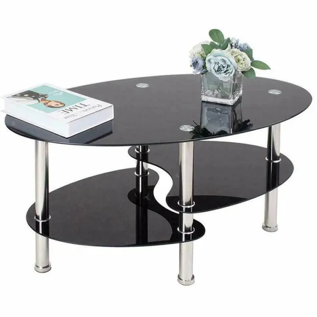 Lamor Salontafel - Tafel - Glazen Salontafels - Tafels - Bijzettafel - Zwart - Glas - 6.5 mm Glas - 90 x 50 x 42 cm - 2 Niveaus Zwart Zilver