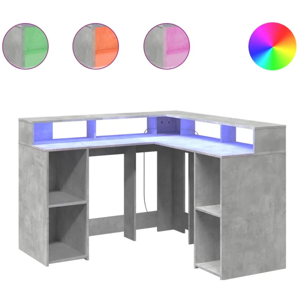 vidaXL Bureau met LED-verlichting 130x130x91 cm hout betongrijs grijs, foto 3