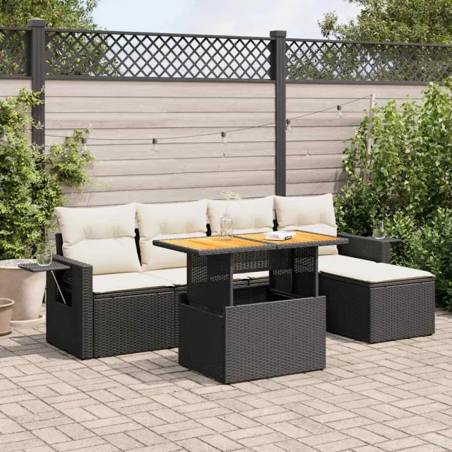 vidaXL 6-delige Loungeset met kussens poly rattan zwart, foto 2