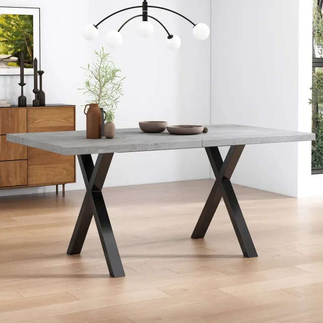 CHICFURN Eettafel - X-poten - rechthoekig - grijs en zwart