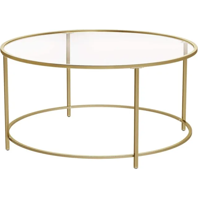 Salontafel Rond - Glazen Tafel - Gouden Stalen Frame - Gehard glas