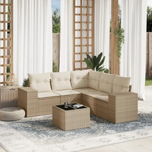 vidaXL 6-delige Loungeset met kussens poly rattan beige, foto 2