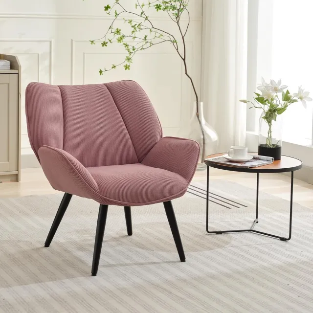 HOERFURIY Moderne accentstoel van corduroy – Gestoffeerde fauteuil – Brede, uitlopende armleuningen – Stevige metalen poten – Brede, comfortabele zitting – Roze