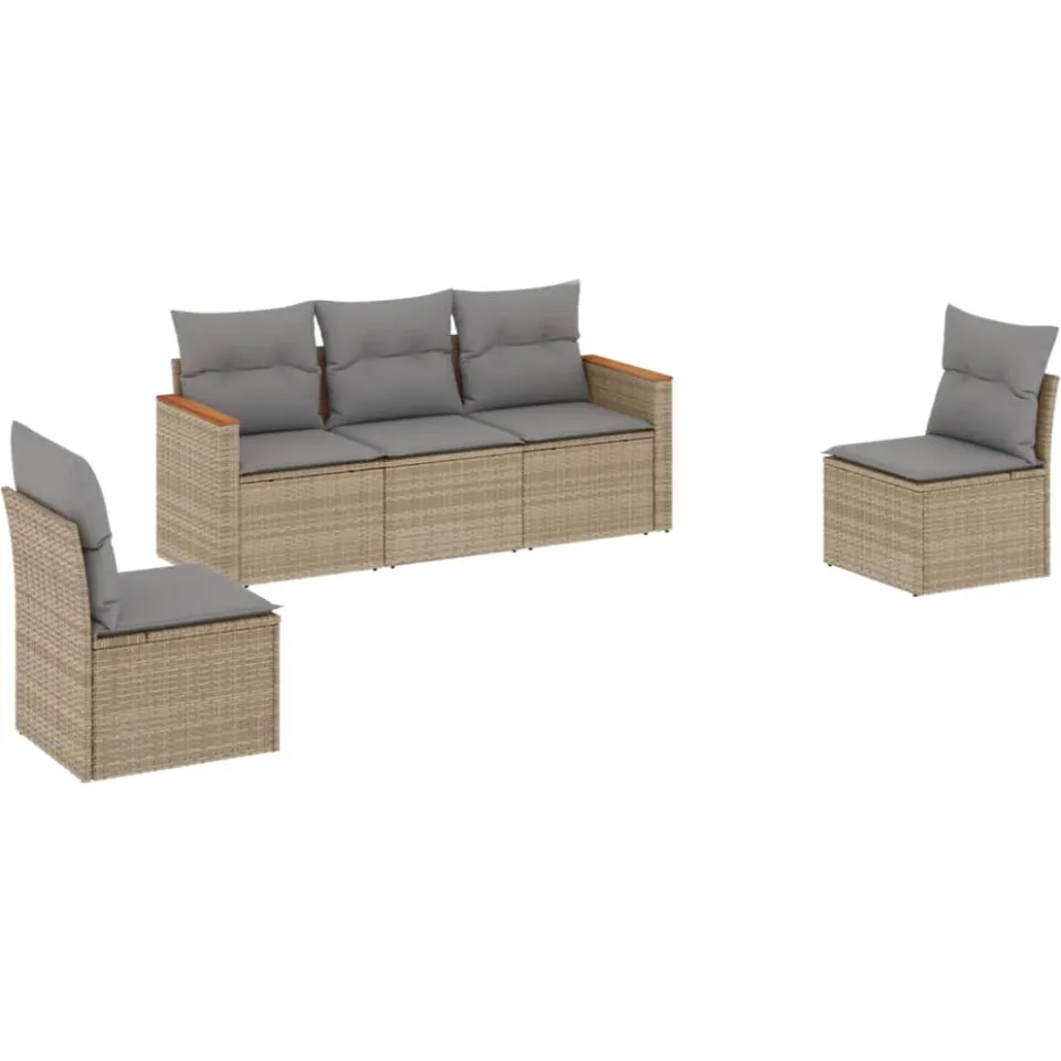 vidaXL 5-delige Loungeset met kussens poly rattan gemengd beige, foto 3