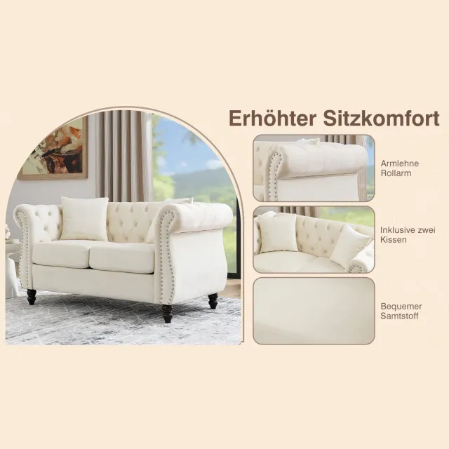 OKWISH Chesterfield Bank 203 x 73,6 x 76 cm - Tweezits met Gecapitonneerde Rugleuning en Siernagels - Woonkamer - Fluweel en Hout - Beige