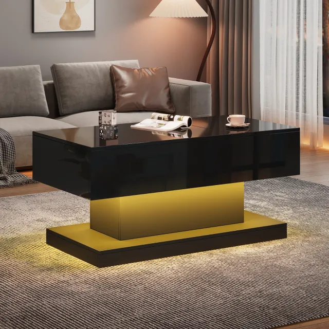 Wishdor Hoogglans salontafel 100x50x45 cm met hydraulische lift, LED-verlichting en zijwaarts schuifbare bladhelft Zwart