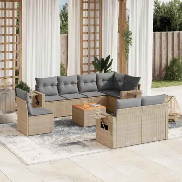 vidaXL 9-delige Loungeset met kussens poly rattan gemengd beige, foto 2