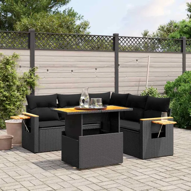 vidaXL 6-delige Loungeset met kussens poly rattan zwart, foto 2