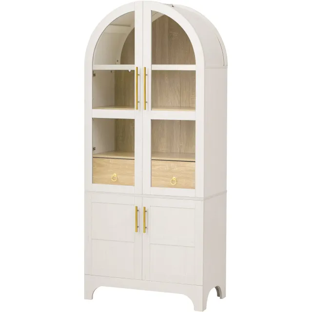 MUVANO Witte buffetkast met ribbelglas - Servieskast met verstelbare legplanken en lade - MDF en spaanplaat - 76 x 40 x 180 cm - Keuken en eetkamer