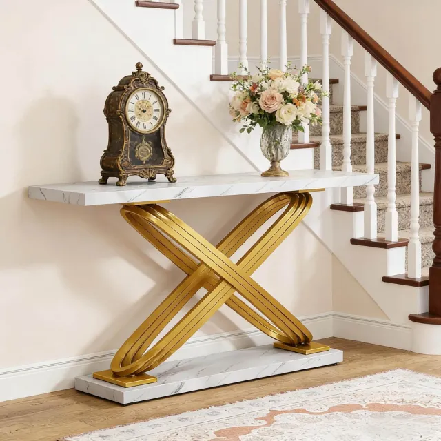 WUVRIE Sidetable 140x35x80 cm - Wit kunstmarmeren blad en gouden X-onderstel - Wit/goud