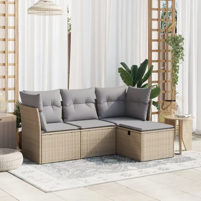 vidaXL 4-delige Loungeset met kussens poly rattan gemengd beige, foto 2