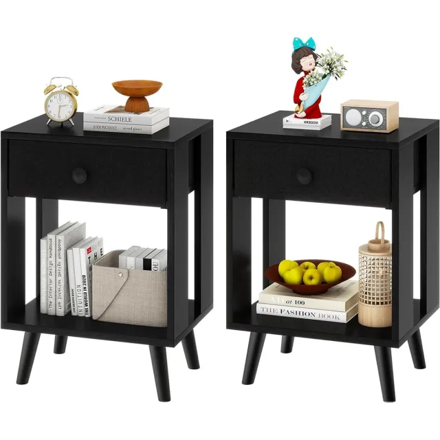 Famanu Nachtkastje set van 2, bijzettafel met stoffen laden en open compartiment, massieve houten poten, modern ontwerp, zwart rood